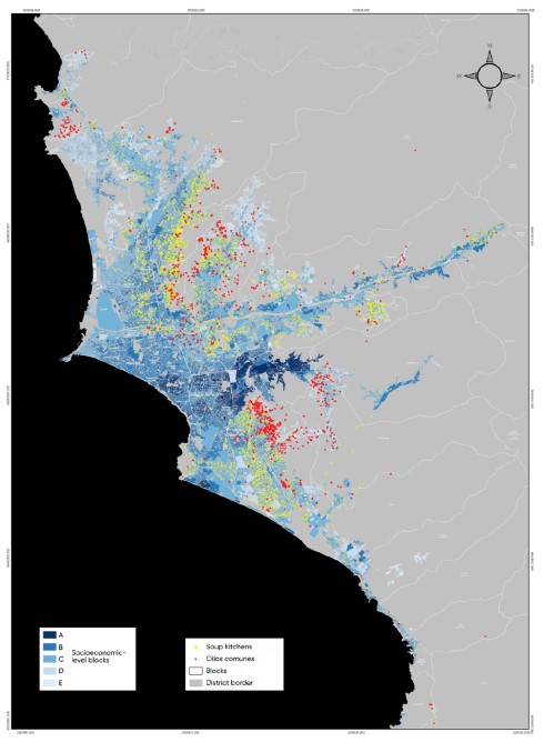 A map of Lima shows the locations of soup kitchens, ollas comunes, blocks and district borders, colour-coded by socioeconomic-level block. The authors discuss the image in the text.