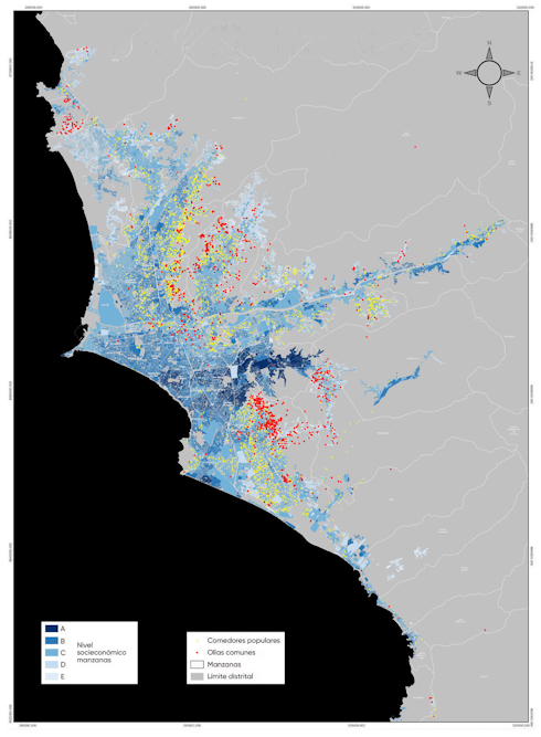 A map of Lima shows the locations of soup kitchens, ollas comunes, blocks and district borders, colour-coded by socioeconomic-level block. The authors discuss the image in the text.