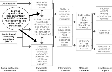 The figure depicts the theory change, which features five columns. It shows how the two intervention components (depicted in the leftmost column), cash transfers and needs-based community organising, contribute to three immediate outcomes: development of alternative livelihoods, ability to address problems, and collective action (second column on the left). These immediate outcomes subsequently contribute to the two intermediate outcomes, namely increased resilience and the capacity of households (depicted in the middle column). These in turn contribute to the two ultimate outcomes: families choose alternatives to the worst forms of child labour and children’s working conditions are improved (fourth column). Subsequently, these two ultimate outcomes contribute to development impact on three levels: a reduction in worst forms of child labour among participating families, an increase in wellbeing, and a reduction in all forms of deprivation. The figure depicts in black at the left side, in between the two components, the learning question ‘How does cash interact with  needs-based community organising to increase the capacity to take action and/or meet needs?’. The arrows point to two feedback loops: one is between the development of alternative livelihoods and the problem-solving capacity of households and individuals; and the other is between the latter and the collective organisation that addresses community problems and increases collective capacity.