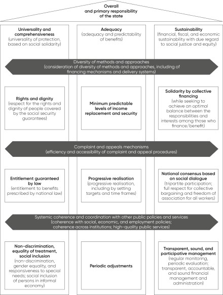 Figure 1 is a framework that presents three pillars/principles: (1) universality and comprehensiveness, (2) adequacy, and (3) sustainability. Overall and primary responsibility for these principles lies with the state. A link to the data within an Annexe is in the source line beneath the figure.