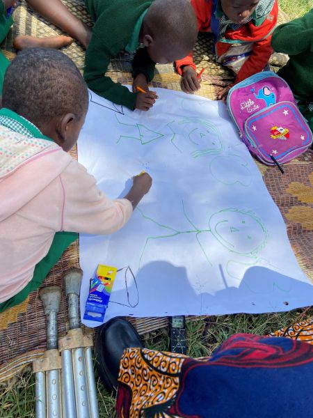 This was a focus group discussion with children with disability co-facilitated by peer researchers with disabilities. We used play in the groups. In this one, the children were drawing the picture of a boy and girl with dream bubbles above their heads and a rubbish bin in the bottom corner. With this we then talked about: what are their dreams about pre-primary school; what would make pre-primary better for children like them; and we asked them to write or draw some of their ideas in the dream bubbles.