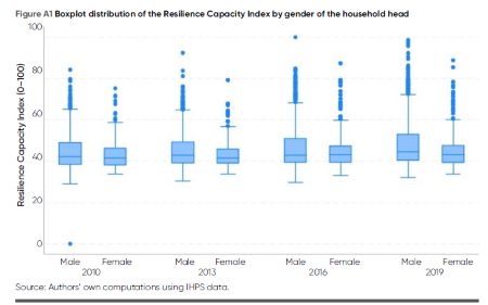 Figure A1. Boxplots comparing the distribution of the resilience capacity index between male- and female-headed households in 2010, 2013, 2016, and 2019. Data shows that overall, the resilience has increased over time and that male-headed households have higher resilience levels across all the years.