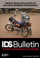 This is the cover of the IDS Bulletin titled: Theory-based evaluation of inclusive business programmes. The covers features an image of a motorbike carrying milk churns.