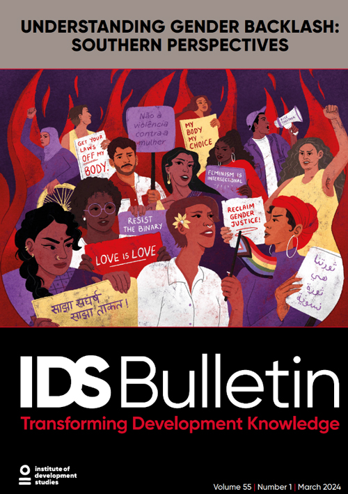 A graphic illustration with 12 people, some with arms and fists raised in the air in a sign of resistance and protest. The people stand in front of powerful red flames, which are in turn on top of a purple background. Some of the people hold placards in English, Hindi, Arabic, and Portuguese. The signs say 'Love is Love', 'Resist the Binary', 'Reclaim Gender Justice', 'Feminism is Intersectional', 'My Body My Choice', 'Get Your Laws Off My Body', and more. The person at the front and centre of the illustration wears a white shirt, has a flower in their hair, and proudly holds the Progress Pride flag.