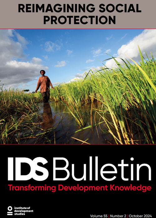 Thumbnail of the IDS Bulletin issue. Front cover image: A woman smiles as she walks through ankle-deep water in a rice field full of healthy crops. The positioning and low angle of the camera accentuates the bright green crops and the deep blue sky in the background.